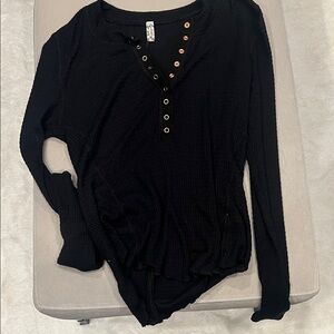 Free People Black Button-Detail Long Sleeve Top